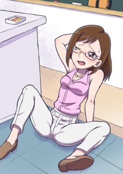 1girl arm_behind_head breasts brown_eyes chalk chalkboard cleavage commentary_request jewelry medium_breasts mochi-iri_kinchaku necklace one_eye_closed pants pink_shirt precure sakuragawa_saki shirt sitting sleeveless sleeveless_shirt solo spread_legs sweatdrop tears tropical-rouge!_precure white_pants