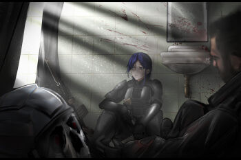 1boy 1girl absurdres after_battle against_wall ammunition_pouch arm_armor armor assault_rifle ayou_(aukuamani) bags_under_eyes bathroom beard black_boots black_gloves black_helmet black_jacket black_pants blood blood_on_wall blood_splatter blue_eyes blue_hair blurry blurry_foreground boots braid brown_hair bulletproof_vest clenched_teeth combat_helmet combat_knife commentary commission corpse crown_braid curtains day english_commentary facial_hair flashlight glock gloves gun h&amp;k_hk416 handgun helmet highres holding holding_gun holding_knife holding_weapon indoors jacket knife leg_armor load_bearing_vest looking_to_the_side magazine_(weapon) mask medium_hair military_operator mirror open_mouth optical_sight original pants pixiv_commission police pouch rifle serrated_knife short_hair shoulder_armor sink sitting skull_mask sunlight suppressor sweat tactical_clothes teeth tile_wall tiles trigger_discipline vertical_foregrip weapon