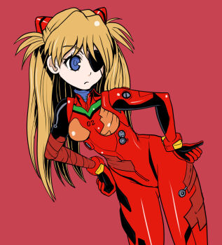 1girl :/ blue_eyes bodysuit breasts brown_hair curvy eyepatch hands_on_own_hips highres kazumina long_hair mecha_pilot_suit neon_genesis_evangelion plugsuit_(evangelion) rebuild_of_evangelion red_background simple_background skin_tight solo souryuu_asuka_langley thighs two_side_up wide_hips