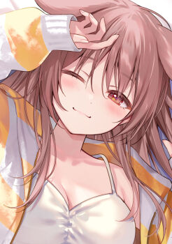 1girl :3 animal_ears blush breasts brown_eyes brown_hair camisole cleavage closed_mouth dog_ears dog_girl fukahire_(ruinon) hair_between_eyes highres hololive inugami_korone jacket long_hair long_sleeves looking_at_viewer lying medium_breasts official_alternate_costume on_back one_eye_closed open_clothes open_jacket puffy_long_sleeves puffy_sleeves sleeves_past_wrists smile solo striped_clothes striped_jacket upper_body virtual_youtuber white_camisole yellow_jacket