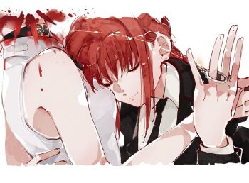 2girls black_choker black_coat black_necktie blood chainsaw_man choker closed_eyes closed_mouth coat grenade_pin head_on_chest implied_death makima_(chainsaw_man) multiple_girls necktie par_sato red_hair reze_(chainsaw_man) shirt sidelocks sleeveless sleeveless_shirt smile white_shirt