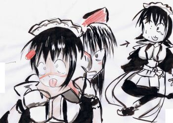 2girls ainu_clothes angry apron asphyxiation black_hair breasts brown_eyes catfight cleavage clenched_teeth constricted_pupils death fingerless_gloves gloves hair_ribbon iroha_(samurai_spirits) large_breasts legs long_hair maid_headdress multiple_girls nakoruru oekaki ribbon samurai_spirits shaded_face short_hair snk strangling tears teeth thighs tongue tongue_out traditional_media wide-eyed