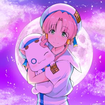 1girl andanden aria_(manga) aria_company_uniform aria_pokoteng beret blue_bow blue_bowtie blue_ribbon blush bow bowtie cat closed_mouth cutepet falling_petals full_moon green_eyes hair_tubes hat hat_ribbon highres holding looking_at_viewer mizunashi_akari moon one_eye_closed outdoors parted_bangs petals purple_background purple_skirt ribbon short_hair_with_long_locks short_sleeves signature skirt smile solo undine_(aria) upper_body white_hat