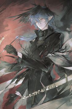 1boy :| arknights arm_up black_coat black_gloves closed_mouth coat collared_coat commentary_request ddinut double-parted_bangs gloves grey_hair hair_between_eyes head_wings highres holding logos_(arknights) looking_at_viewer male_focus pointy_ears popped_collar red_eyes solo standing wings