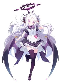 1girl absurdres ahoge apron artist_name black_dress black_thighhighs blue_archive blush bow bowtie breasts closed_mouth commentary criss-cross_strings dark_halo dress floating_hair forehead frilled_apron frilled_dress frills full_body furrowed_brow halo heart highres hina_(blue_archive) long_hair looking_at_viewer low_wings maid maid_apron parted_bangs puffy_short_sleeves puffy_sleeves purple_bow purple_bowtie purple_eyes purple_halo purple_trim shoes short_sleeves sidelocks simple_background single_hair_intake small_breasts solo standing standing_on_one_leg thighhighs thighs two_side_up very_long_hair white_background white_hair wings yukinya_(yukinya777)