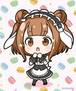 Rule 34 | 1girl, :o, animal ears, apron, beatrice (princess principal), black hairband, black pantyhose, black shoes, black skirt, brown eyes, brown hair, chibi, colored shadow, commentary request, cosplay, double bun, fake animal ears, fleur de lapin uniform, floppy ears, frilled hairband, frills, full body, gochuumon wa usagi desu ka?, hair bun, hairband, hands up, mitya, open mouth, pantyhose, polka dot, polka dot background, princess principal, puffy short sleeves, puffy sleeves, rabbit ears, shadow, shirt, shoes, short sleeves, skirt, solo, sparkle, standing, twitter username, waist apron, white apron, white shirt, wrist cuffs