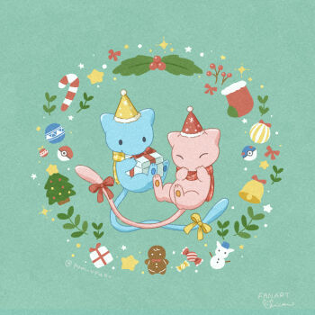 alternate_color bell berry bow christmas christmas_ornaments christmas_stocking christmas_tree closed_eyes commentary_request full_body gen_1_pokemon gift great_ball highres holding holding_gift legendary_pokemon mew_(pokemon) mian_(user_kwcj2833) mistletoe mythical_pokemon nintendo no_humans poke_ball poke_ball_(basic) pokemon pokemon_(creature) shiny_and_normal shiny_pokemon simple_background solid_oval_eyes star_(symbol) tail tail_bow tail_ornament