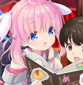 Rule 34 | 2girls, :d, asami yuriko, bare shoulders, black hair, blue eyes, blurry, blurry background, blush, book, bow, brown eyes, commentary request, depth of field, detached sleeves, eyebrows hidden by hair, hair between eyes, hair ornament, hair ribbon, haizakura (prima doll), hand up, highres, holding, holding book, indoors, japanese clothes, long hair, long sleeves, looking at another, looking at object, multiple girls, open book, open mouth, pink hair, prima doll (anime), puffy sleeves, ribbon, short hair, sidelocks, smile, solo focus, upper body, wide sleeves