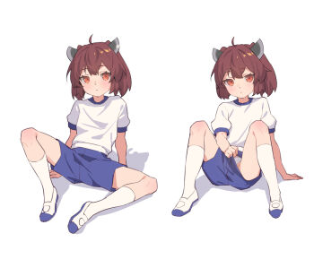 1girl ahoge blush brown_hair clothes_pull expressionless full_body gym_uniform headgear highres looking_at_viewer multiple_views panties panty_peek red_eyes shirt shoes short_hair shorts shorts_pull simple_background sitting touhoku_kiritan underwear uwabaki voiceroid white_background white_panties yamamomo_(plank)