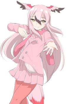 1girl bird_girl bird_tail bird_wings black_hair blush cowboy_shot greater_flamingo_(kemono_friends) hair_between_eyes head_wings highres jacket kamisamanosaba kemono_friends long_hair long_sleeves multicolored_hair pantyhose pink_hair pink_jacket pink_pantyhose pink_scarf pink_skirt pleated_skirt reaching reaching_towards_viewer scarf shirt sidelocks skirt smile solo tail two-tone_hair white_shirt wings yellow_eyes