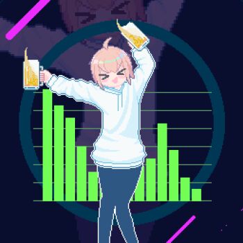 >_< 1girl :d ahoge alcohol animated animated_gif audio_visualizer beer beer_mug black_pants blush cup dancing drawstring epilepsy_warning holding holding_cup hood hoodie looping_animation mug open_mouth original pants pink_hair pixel_art short_hair smile solo sotie white_hoodie yoga_pants zoom_layer