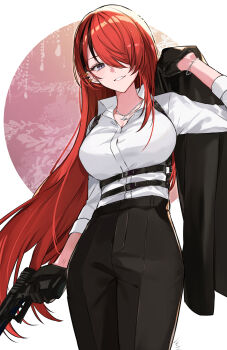 Rule 34 | 1girl, absurdres, black gloves, black hair, black pants, breasts, collared shirt, commentary request, ear piercing, formal clothes, gloves, gun, hair down, hair over one eye, handgun, highres, holding, holding gun, holding weapon, ichimishiyu, jacket, jewelry, lain paterson, lain paterson (7th costume), large breasts, long hair, multicolored hair, necklace, nijisanji, pants, piercing, red hair, shirt, solo, streaked hair, suit, unworn jacket, very long hair, virtual youtuber, weapon, white shirt
