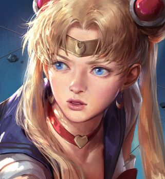 1girl bishoujo_senshi_sailor_moon blonde_hair blue_eyes blue_sailor_collar choker circlet earrings eyelashes heart heart_choker jewelry kdash long_hair looking_to_the_side meme parted_lips red_choker rock sailor_collar sailor_moon sailor_moon_redraw_challenge_(meme) sailor_senshi_uniform solo tsukino_usagi twintails