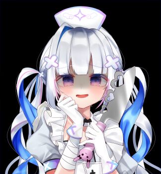 1girl absurdres amane_kanata amane_kanata_(nurse) black_background blue_hair blush collar commentary_request detached_collar dress gloves grey_hair hair_intakes hat highres holding holding_knife hololive hosimiya_yume knife long_hair looking_at_viewer nurse nurse_cap official_alternate_costume official_alternate_hairstyle open_mouth purple_eyes shaded_face solo twintails very_long_hair virtual_youtuber white_collar white_dress white_gloves white_hat