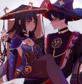 Rule 34 | 1boy, 1girl, alternate hairstyle, arm at side, black bodysuit, black choker, black gloves, black hair, black hat, black kimono, black sleeves, blue leotard, blue sleeves, blunt bangs, blunt ends, blush, bodystocking, bodysuit, brown pantyhose, chinese knot, choker, closed mouth, covered collarbone, detached sleeves, elbow gloves, eyeliner, eyeshadow, fur collar, furisode, genshin impact, gloves, gold, gold trim, green eyes, hair between eyes, hair down, han'eri, hand up, hat, hat ornament, headwear switch, hetero, highres, japanese clothes, jewelry, jingasa, kimono, layered kimono, layered sleeves, leotard, lipgloss, long hair, looking at another, makeup, mitsudomoe (shape), mona (genshin impact), moriko ken11, neck ring, open clothes, open kimono, pantyhose, parted bangs, pink lips, pink veil, playing with another's hair, purple eyes, purple hat, purple rope, purple sleeves, red eyeliner, red eyeshadow, red hat, red kimono, rope, scaramouche (genshin impact), shimenawa, short sleeves, sidelocks, sitting, sitting between lap, star (symbol), star choker, star hat ornament, star ornament, star print, strapless, strapless leotard, thighlet, tomoe (symbol), tsurime, two-sided fabric, two-sided headwear, two-tone hat, two-tone sleeves, veil, white background, white kimono, white rope, witch hat