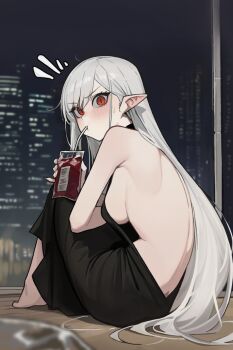 Rule 34 | 1girl, absurdres, backless dress, backless outfit, bare back, barefoot, black dress, blood, blurry, blurry foreground, breasts, dress, drinking blood, drinking straw, english text, grey hair, highres, long hair, looking at viewer, medium breasts, original, pointy ears, red eyes, rusellunt, solo, sweatdrop, vampire, vampire (gogalking)