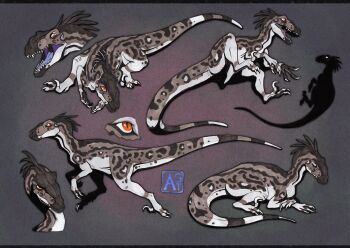 animal_focus artist_name astarcis claws closed_mouth dinosaur dynamic_pose fangs feathered_dinosaur feathers full_body multiple_views no_humans open_mouth original raptor reference_sheet sharp_teeth simple_background tail teeth utahraptor velociraptor watermark