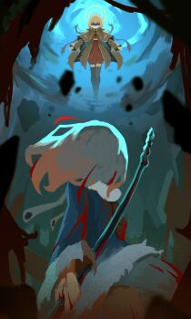 Rule 34 | absurdres, blonde hair, blood, brown coat, coat, fins, fish tail, gawr gura, gawr gura (1st costume), halo, highres, hololive, hololive english, hood, long sleeves, multicolored hair, multiple girls, necktie, polearm, red hair, shark tail, shirt, short hair, skirt, streaked hair, tail, thighhighs, virtual youtuber, vonv (sejvon), watson amelia, watson amelia (1st costume), weapon, white shirt