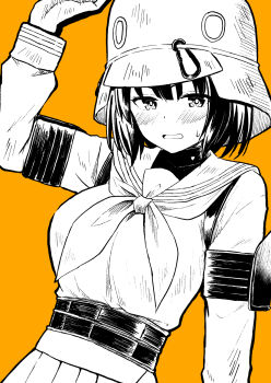 1girl akane_souichi arm_up armband blue_archive blush breasts bright_pupils buckle carabiner combat_helmet commentary_request dot_nose dutch_angle embarrassed greyscale_with_colored_background hair_between_eyes helmet highres large_breasts long_sleeves looking_at_viewer medium_hair neckerchief open_mouth orange_background partially_colored pleated_skirt sailor_collar saki_(blue_archive) school_uniform serafuku shirt sidelocks simple_background skirt solo standing sweatdrop tactical_school_uniform upper_body wavy_mouth