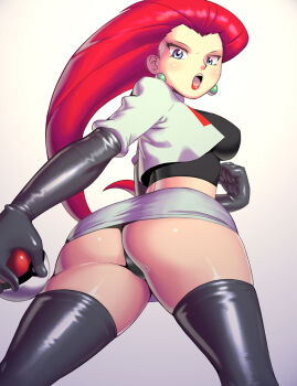 1girl alternate_color angry apostle_(artist) ass big_hair black_panties black_thighhighs blue_eyes blush breasts crop_top cropped_jacket dutch_angle earrings elbow_gloves female_focus from_behind from_below gloves hair_slicked_back holding holding_poke_ball impossible_clothes jessie_(pokemon) jewelry large_breasts lipstick long_hair looking_back makeup microskirt miniskirt nintendo open_mouth panties pantyshot poke_ball poke_ball_(basic) pokemon pokemon_(anime) red_hair shiny_clothes skirt solo team_rocket thighhighs thighs thong underwear upskirt