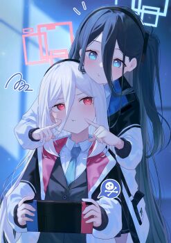 2girls absurdres aris_(blue_archive) black_hair black_hairband black_vest blue_archive blue_eyes blue_halo blush cheek_poking collared_shirt commentary hair_between_eyes hairband halo handheld_game_console highres holding holding_handheld_game_console jacket kei_(blue_archive) kei_(student)_(blue_archive) kuchisode looking_at_another multiple_girls one_side_up open_clothes open_jacket pink_halo poking pout red_eyes shirt vest white_hair white_jacket