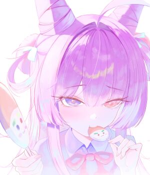 1girl absurdres ahoge blue_eyes blue_shirt bow bowtie candy closed_mouth collared_shirt commentary cone_hair_bun double_bun fingernails food food_in_mouth hair_bun hair_intakes hair_ornament hair_rings hands_up heterochromia highres holding holding_candy holding_food holding_lollipop inari_(tenko_shibuki) lollipop lollipop_in_mouth long_hair looking_at_viewer negi_(bagchan27792061) orange_eyes parted_bangs pom_pom_(clothes) pom_pom_hair_ornament purple_hair raised_inner_eyebrows red_bow red_bowtie shirt simple_background solo stellive symbol-only_commentary tenko_shibuki upper_body virtual_youtuber white_background wing_collar