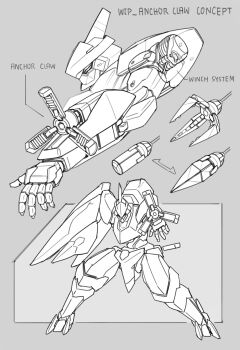 absurdres armor reference_sheet dynamic_pose english_text grappling_hook highres mecha mecha_focus no_humans original outstretched_arm robot science_fiction sheath sheathed short_sword shoulder_armor sword tantou weapon winch wire zen_(jirakun)