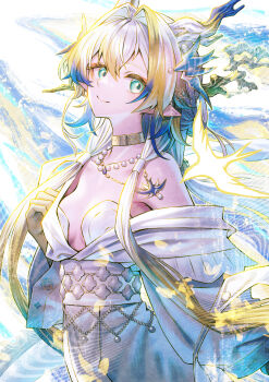 1girl absurdres ambience_synesthesia arknights bare_shoulders bird_hair_ornament blonde_hair blue_hair breasts choker closed_mouth colored_extremities dragon_girl dragon_horns dress hair_between_eyes hair_ornament highres horns jewelry long_hair multicolored_hair necklace off_shoulder official_alternate_costume pearl_necklace pointy_ears sho_(sumika) shu_(arknights) shu_(bingwenyuyou)_(arknights) solo white_dress yellow_choker yellow_hands