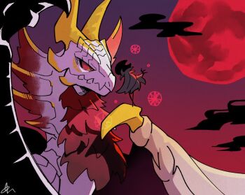 1boy 1other arthropod_boy bug bug_(silkworm_hnw) cape cloud commentary dark_cloud dragon dragon_horns dragon_wings grey_cloak grimm_(hollow_knight) hollow_knight horns malzeno_(monster_hunter) monster_hunter_(series) monster_hunter_rise moon no_humans red_eyes red_moon size_difference talons wings