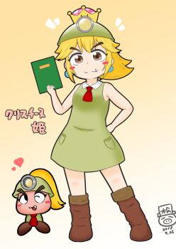 Rule 34 | 2018, 2girls, blush stickers, book, boots, brown boots, brown eyes, colored skin, commentary, crown, dated, dress, dress pocket, earrings, fang, full body, goombella, gradient background, hand on own hip, heart, highres, holding, holding book, humanization, jewelry, looking at viewer, ma2san029, mario (series), medium hair, mining helmet, multiple girls, necktie, nintendo, notice lines, one eye closed, paper mario, paper mario: the thousand-year door, pink skin, ponytail, red necktie, signature, sleeveless, sleeveless dress, smile, standing, super crown, translated, v-shaped eyebrows