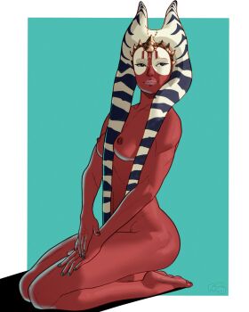 1girl alien barefoot breasts colored_skin commentary completely_nude english_commentary froggystyleart highres kneeling lekku_(anatomy) looking_at_viewer nipples nude red_skin shaak_ti small_breasts solo star_wars togruta