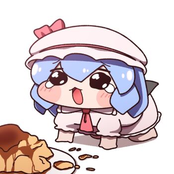 1girl all_fours ascot bat_wings blue_hair blush blush_stickers bow chibi chibi_only collared_shirt commentary crying crying_with_eyes_open food full_body hair_between_eyes hat hat_ribbon highres meme mob_cap open_mouth pink_hat pink_shirt pink_skirt plaid_clothes pudding puffy_short_sleeves puffy_sleeves red_ascot red_ribbon remilia_scarlet ribbon shirt short_hair short_sleeves skirt skirt_set solo speakiposting_(meme) symbol-only_commentary tears touhou trickcal wings y75zei
