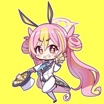 +_+ 1girl :d absurdres animal_ears banknote blonde_hair blue_archive blue_necktie blush_stickers bunny_day chibi chibi_only commentary double_bun fake_animal_ears fang formal_clothes full_body grin hair_between_eyes hair_bun hat highres holding holding_money holding_unworn_clothes holding_unworn_hat koyuki_(blue_archive) koyuki_(bunny)_(blue_archive) long_hair long_sleeves looking_at_viewer money multicolored_hair nckak9rjjdjff4e necktie official_alternate_costume official_alternate_hairstyle open_mouth outline pantyhose pink_eyes pink_hair playboy_bunny rabbit_ears simple_background smile smug solo standing standing_on_one_leg streaked_hair suit tareme thick_eyebrows top_hat twintails unworn_hat unworn_headwear v-shaped_eyebrows very_long_hair white_outline white_pantyhose white_suit wide_sleeves yellow_background