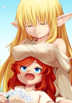 2girls blonde_hair blue_eyes breast_rest breasts breasts_on_head brown_hair carried_breast_rest carrying covered_erect_nipples elf flamme_(sousou_no_frieren) flower_wreath highres large_breasts long_hair looking_down multiple_girls nibokku open_mouth pointy_ears serie_(sousou_no_frieren) shirt smile sousou_no_frieren very_long_hair white_shirt yellow_eyes