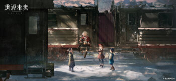 2boys 2girls beanie black_coat black_hat black_pants black_shoes blonde_hair blue_coat blue_eyes blue_pants boots brown_boots brown_coat cloak closed_eyes coat copyright_name copyright_notice crossed_legs day facing_viewer flute grin hat highres holding holding_flute holding_instrument index_finger_raised instrument jacket logo looking_at_another low_twintails medium_hair multiple_boys multiple_girls official_art official_wallpaper open_mouth outdoors pants pom_pom_(clothes) pom_pom_beanie quad_braids red_cloak red_hat reverse:1999 rubuska shirt shoes short_hair smile snow standing sunlight teeth train twintails white_hair white_jacket white_shirt wide_shot