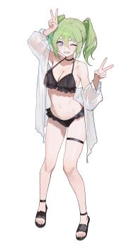 1girl ankle_strap arm_up bare_shoulders bikini black_bikini black_choker black_sandals blue_eyes breasts choker cleavage collarbone commentary_request double_v frilled_bikini frills full_body green_hair hair_between_eyes hands_up highres jacket korean_commentary large_breasts legs long_sleeves looking_at_viewer multicolored_hair navel nbee_ya one_eye_closed open_clothes open_jacket sandals see-through_clothes see-through_jacket short_twintails smile solo stellive stomach swimsuit thigh_strap thighs twintails two-tone_hair v white_jacket white_streaks yuzuha_riko