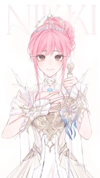 Rule 34 | 1girl, absurdres, aegyo sal, armor, artist name, bare shoulders, breastplate, brown eyes, character name, chinese commentary, closed mouth, collar, collarbone, commentary request, cowboy shot, detached collar, dot nose, dress, eyelashes, eyeshadow, feather-trimmed sleeves, frilled arm warmers, hair bun, hand on own chest, happy, high collar, highres, hoeljune21, holding, holding sword, holding weapon, infinity nikki, lace collar, light blush, lipstick, long dress, looking at viewer, makeup, melody bloom (infinity nikki), nikki (nikki), nikki (series), off-shoulder dress, off shoulder, pink eyeshadow, pink hair, pink lips, pleated dress, short hair with long locks, short sleeves, sidelocks, simple background, single hair bun, smile, solo, standing, straight-on, sword, tiara, updo, wavy hair, weapon, white arm warmers, white background, white collar, white dress