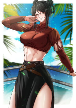 absurdres commentary_request double_bun fax61209 grin hair_bun highres isshou_senkin jewelry necklace smile sparkle toned toned_female water yuzuha_lee