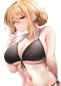 1girl absurdres arm_behind_back bare_shoulders bikini black_bikini blonde_hair blush breasts cleavage closed_mouth collarbone commentary_request finger_to_mouth front-tie_bikini_top front-tie_top hair_between_eyes hair_bun hand_up heart highres large_breasts looking_at_viewer mature_female navel red_eyes red_hayao short_hair side-tie_bikini_bottom sideboob sidelocks simple_background single_hair_bun smile solo stomach swimsuit underboob upper_body white_background yahari_ore_no_seishun_lovecome_wa_machigatteiru. yuigahama_yui&#039;s_mother