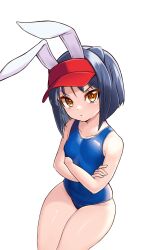 Rule 34 | 1girl, :/, animal costume, animal ears, arcana heart, artist request, bare legs, bare shoulders, blonde hair, blue hair, blue one-piece swimsuit, blush, breasts, cat ears, catherine kyoubashi, catherine kyoubashi (cosplay), cosplay, crossed arms, curvy, daidouji kira, fake animal ears, legs together, looking at viewer, one-piece swimsuit, orange eyes, rabbit costume, rabbit ears, school swimsuit, short hair, small breasts, smile, swimsuit, white background, wide hips