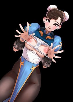 ah-lyong_lee black_background black_pantyhose bracelet breasts breasts_out bun_cover capcom chun-li chun-li_(cosplay) commentary_request cosplay double_bun dutch_angle hair_bun heart heart-shaped_pupils highres holding holding_panties holding_underwear holding_unworn_clothes jewelry juno_(overwatch) korean_commentary large_breasts looking_at_viewer nipples overwatch panties pantyhose pelvic_curtain presenting_removed_panties simple_background spiked_bracelet spikes street_fighter symbol-shaped_pupils underwear unworn_panties white_panties
