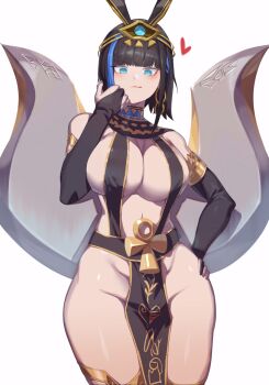 1girl :q ancient_egyptian ancient_egyptian_clothes ankh bad_id bad_pixiv_id black_gloves black_hair blue_eyes blush borrowed_character breasts cleavage cleavage_cutout clothing_cutout detached_sleeves earrings egyptian_mythology elbow_gloves eyeliner gloves groin hand_on_own_hip headwear_request heart highres jewelry jin_rou looking_at_viewer makeup navel original pelvic_curtain revealing_clothes set_(mythology) set_(romana) short_hair simple_background smile solo tongue tongue_out white_background