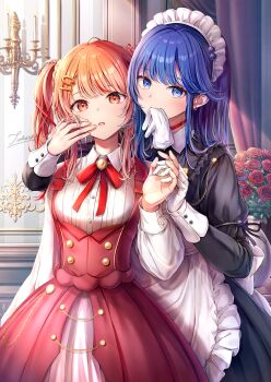 2girls apron black_dress blue_eyes blue_hair blush closed_mouth collared_shirt commentary_request cowboy_shot dress flower frilled_apron frills gloves highres long_hair long_sleeves looking_at_viewer maid maid_headdress multiple_girls neck_ribbon open_mouth orange_eyes orange_hair original pinafore_dress red_dress red_flower red_ribbon red_rose ribbon rose shirt signature single_glove sleeveless sleeveless_dress tokeshi twintails vase waist_apron white_apron white_gloves white_shirt
