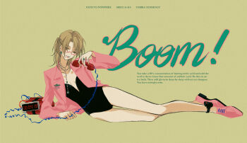 1girl blonde_hair commentary corded_phone dynamite english_commentary explosive glasses highres long_legs lying mcqueen_(path_to_nowhere) mitsukyou on_side one_eye_closed path_to_nowhere phone reclining simple_background skinny solo