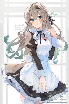 1girl alternate_costume apron aqua_hair black_dress commentary dress enmaided firefly_(honkai:_star_rail) floating_hair gradient_hair grey_hair hair_between_eyes hand_up highres honkai:_star_rail honkai_(series) indoors long_hair long_sleeves maid maid_apron miyanami_3 multicolored_hair parted_lips revision smile solo standing sweat thighhighs twitter_username white_apron white_thighhighs white_wrist_cuffs window wrist_cuffs