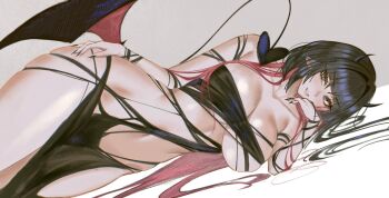 1girl animal_ears black_dress black_hair black_nails breasts cleavage commentary demon demon_costume demon_wings dress english_commentary green_eyes highres jane_doe_(zenless_zone_zero) large_breasts long_hair looking_at_viewer lying midriff mouse_ears mouse_girl mouse_tail multicolored_hair on_side red_hair revealing_clothes s7nsles solo tail thighs two-tone_hair wings zenless_zone_zero