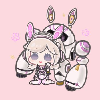 1girl animal_ear_headphones animal_ears animated animated_gif black_skirt blonde_hair blush_stickers boots chibi closed_mouth ear_wiggle eyelashes fake_animal_ears fingerless_gloves flower gloves hand_up happy headphones heart long_sleeves looking_at_viewer looping_animation medium_hair miniskirt nikki_(series) pink_background purple_eyes rabbit_ear_headphones rabbit_ears robot science_fiction shining_nikki shirt shorts shorts_under_skirt simple_background sitting skirt smile solid_oval_eyes solo speedy_rabbit_(shining_nikki) star_(symbol) thighhighs wariza white_boots white_gloves white_shirt white_shorts white_thighhighs winking_(animated) xiaoyu_qixing