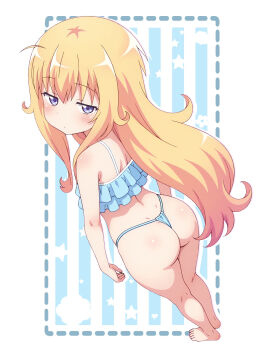 1girl ass bikini blonde_hair blue_bikini blue_panties blush closed_mouth dozdrawof frilled_bikini frills full_body gabriel_dropout gabriel_tenma_white hair_between_eyes highres loli long_hair looking_at_viewer looking_back original panties purple_eyes ruffle_bikini solo standing string_bikini swimsuit underwear
