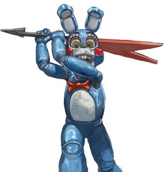 Rule 34 | animal ears, animatronic, bow, bowtie, buck teeth, electric guitar, five nights at freddy's, five nights at freddy's 2, green eyes, guitar, highres, holding, holding guitar, holding instrument, humanoid robot, incoming attack, instrument, looking at viewer, mossacannibalis, rabbit ears, realistic teeth, red bow, red bowtie, robot, simple background, solo, standing, teeth, toy bonnie, white background