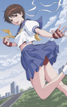 Rule 34 | 1girl, absurdres, blue skirt, brown eyes, brown hair, cropped shirt, fingerless gloves, from behind, gloves, headband, highres, kasugano sakura, midriff, miniskirt, mma gloves, neckerchief, outdoors, panties, pleated skirt, puffy short sleeves, puffy sleeves, red panties, school uniform, serafuku, shirt, short hair, short sleeves, skirt, solo, street fighter, tyanoki, underwear, very short hair, white headband, white shirt, yellow neckerchief